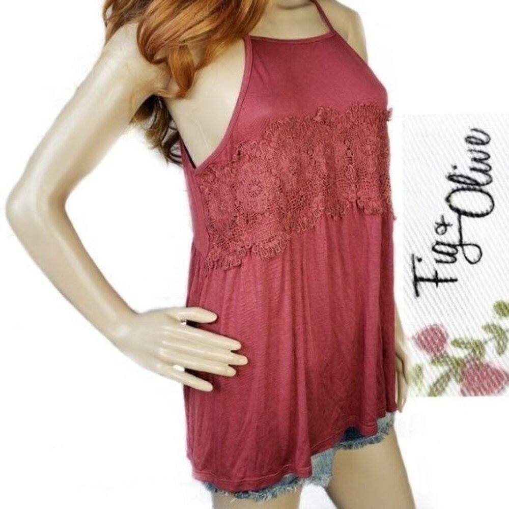 Fig & Olive Womens Sleeveless Lace tank Top Red maroon Boho Style L